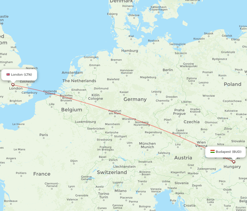 LTN to BUD flights and routes map