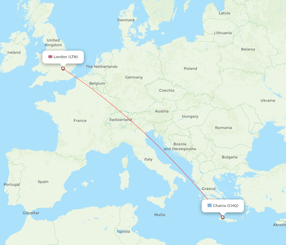 London - Chania route map and flight paths