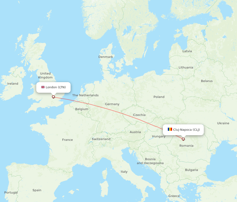 London - Cluj-Napoca route map and flight paths