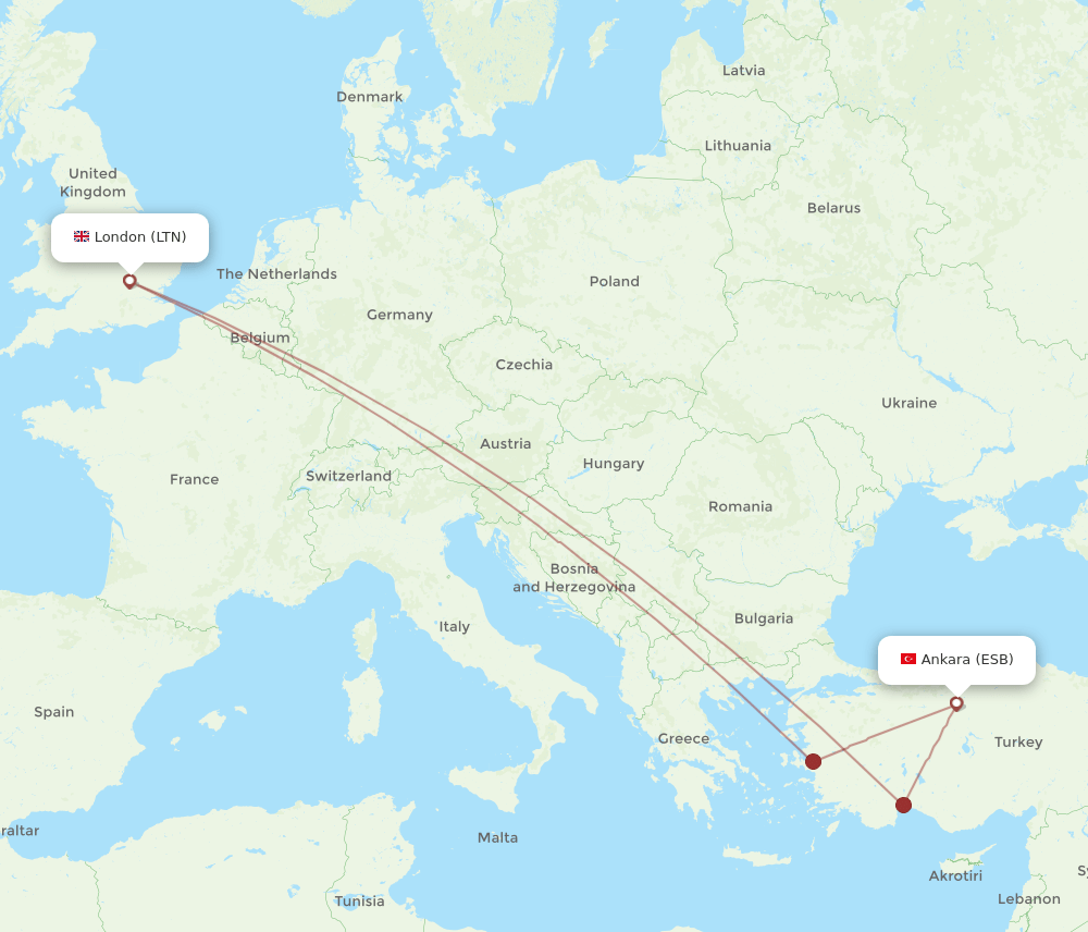 Ankara - London route map and flight paths
