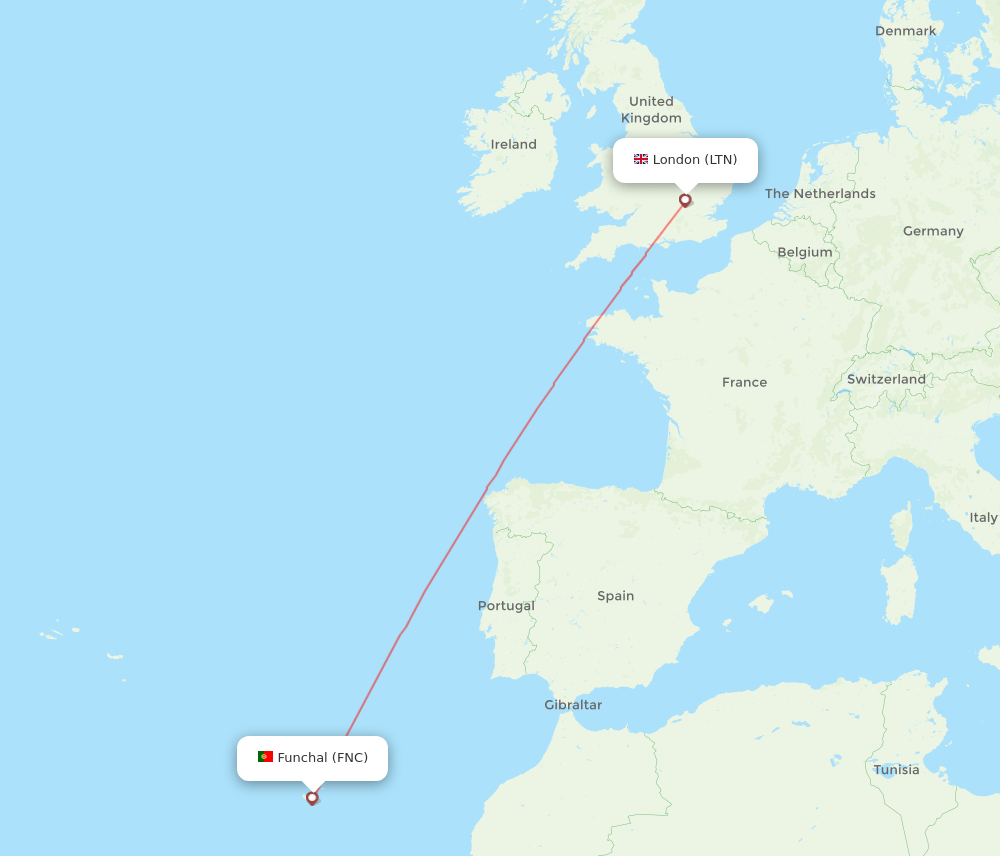 London - Funchal route map and flight paths