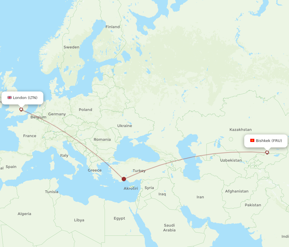 Bishkek - London route map and flight paths