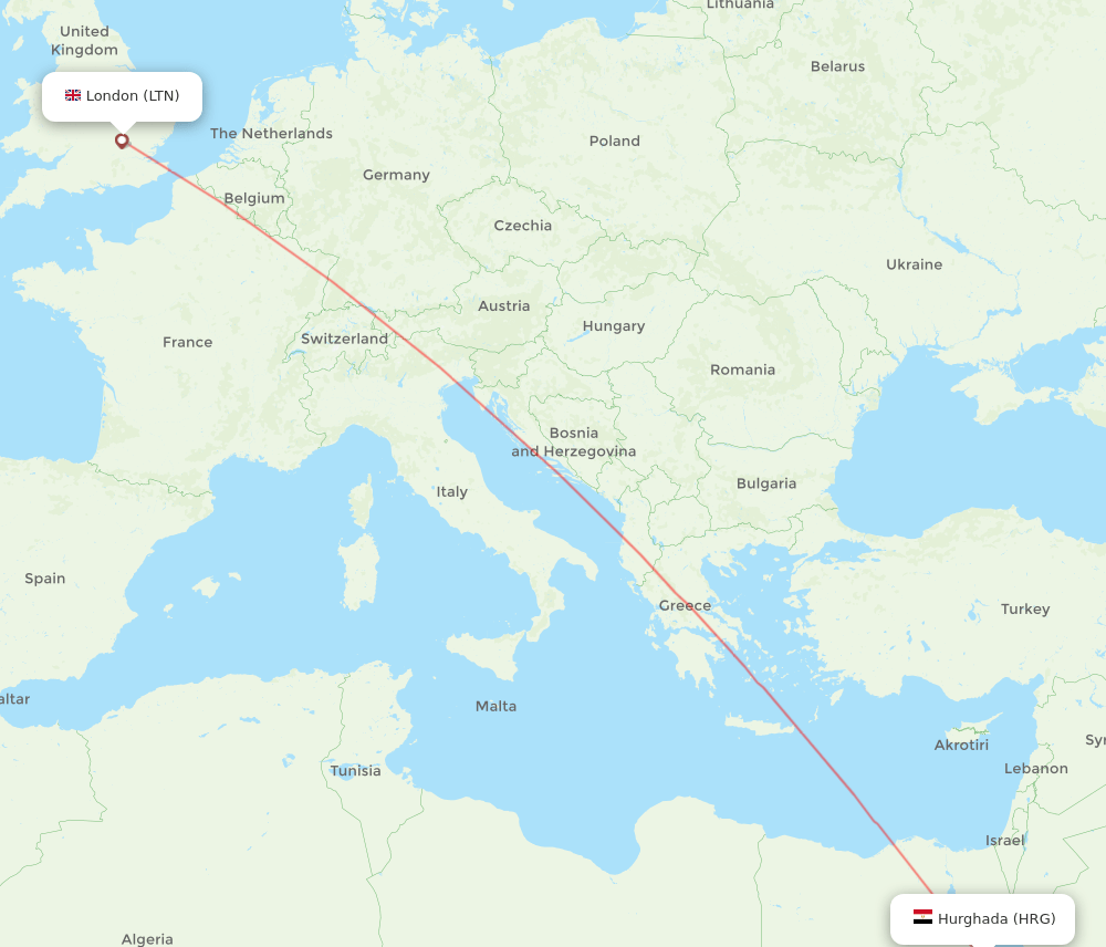 London - Hurghada route map and flight paths