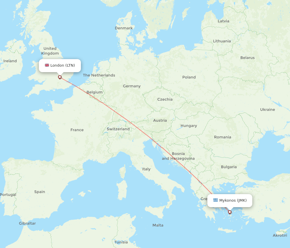 London - Mykonos route map and flight paths