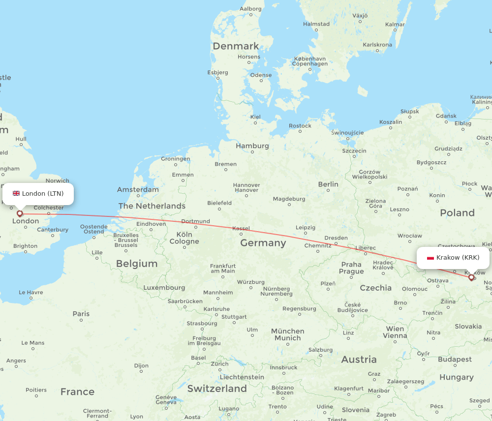 London - Krakow route map and flight paths