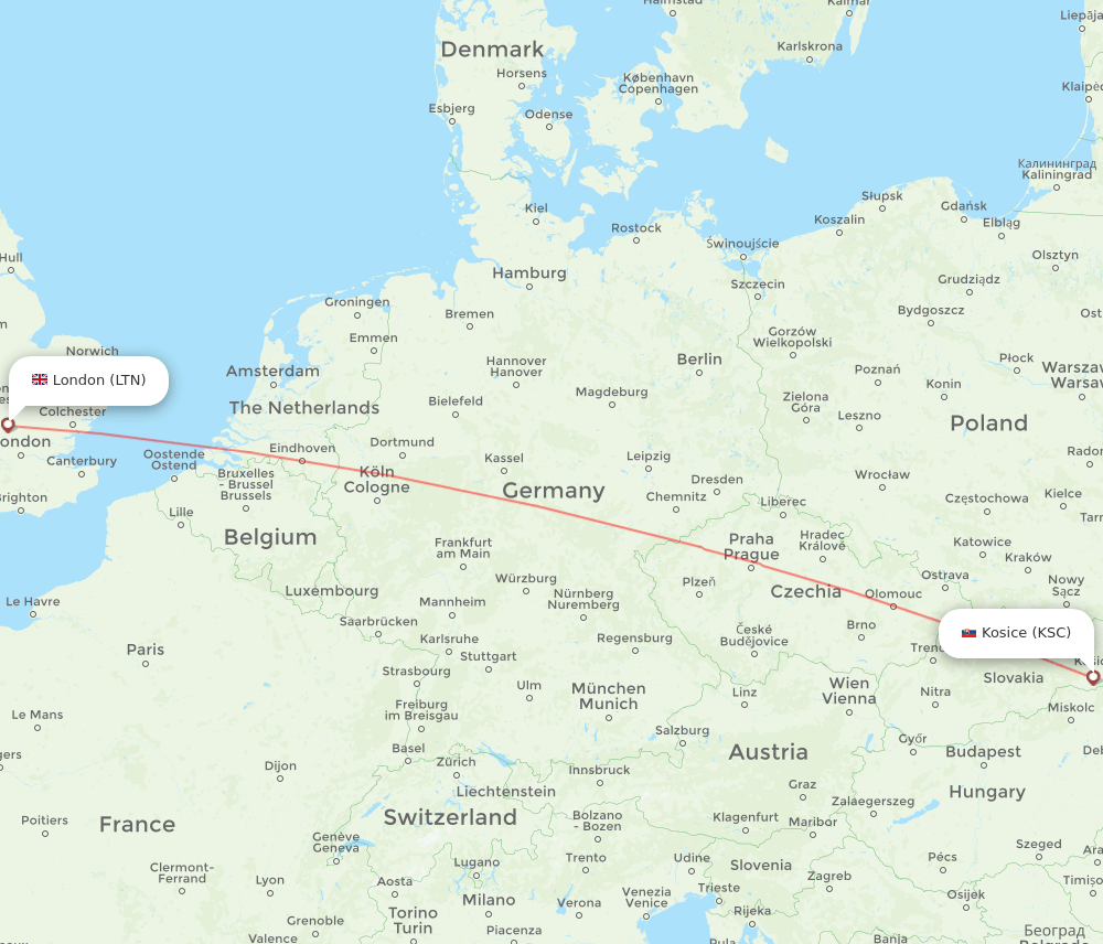 LTN to KSC flights and routes map