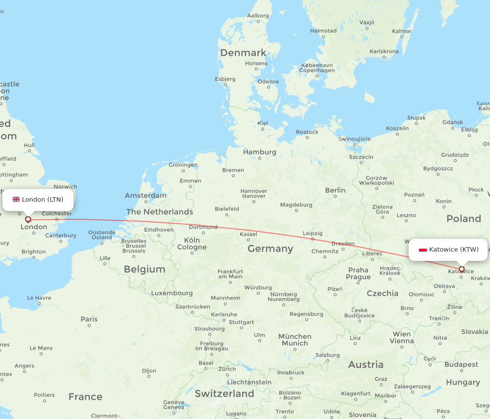 LTN to KTW flights and routes map