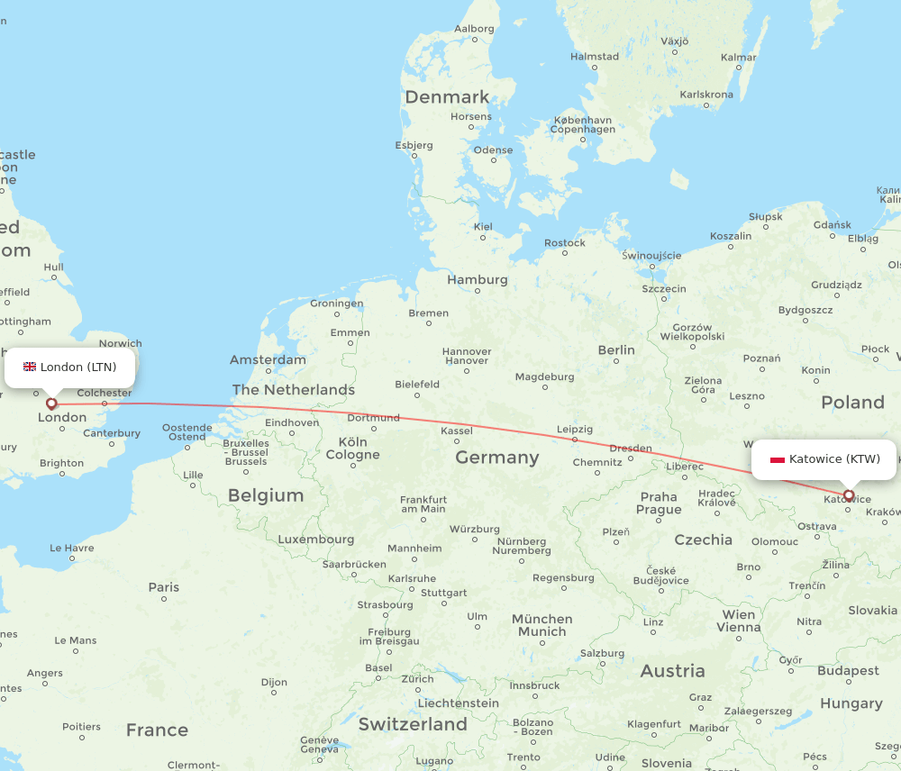 London - Katowice route map and flight paths
