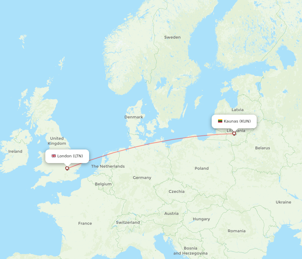 London - Kaunas route map and flight paths