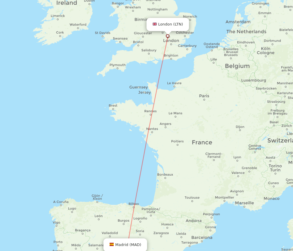 London - Madrid route map and flight paths