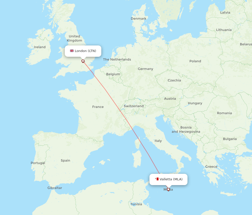 London - Malta route map and flight paths