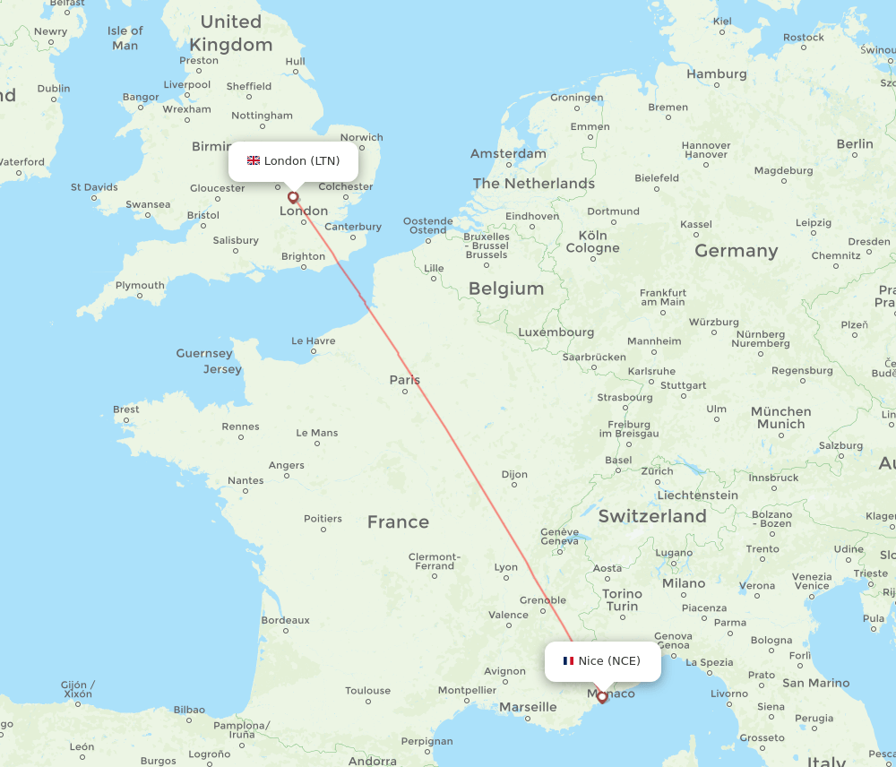 London - Nice route map and flight paths