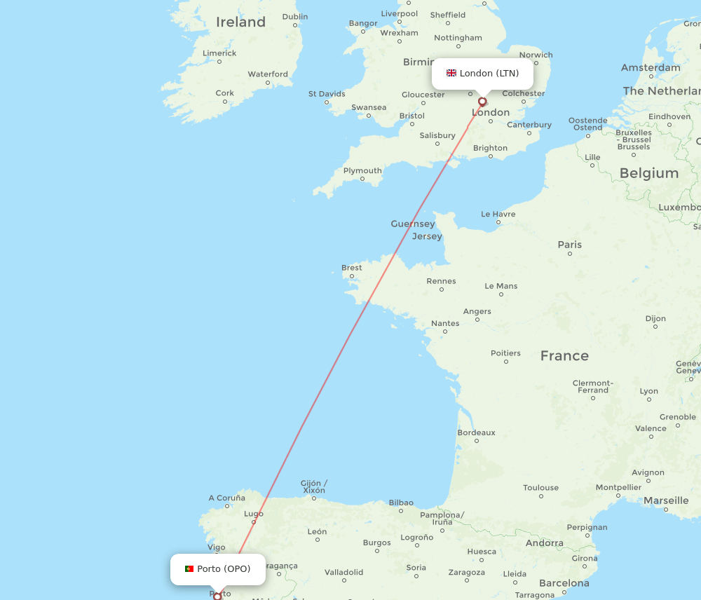 LTN to OPO flights and routes map