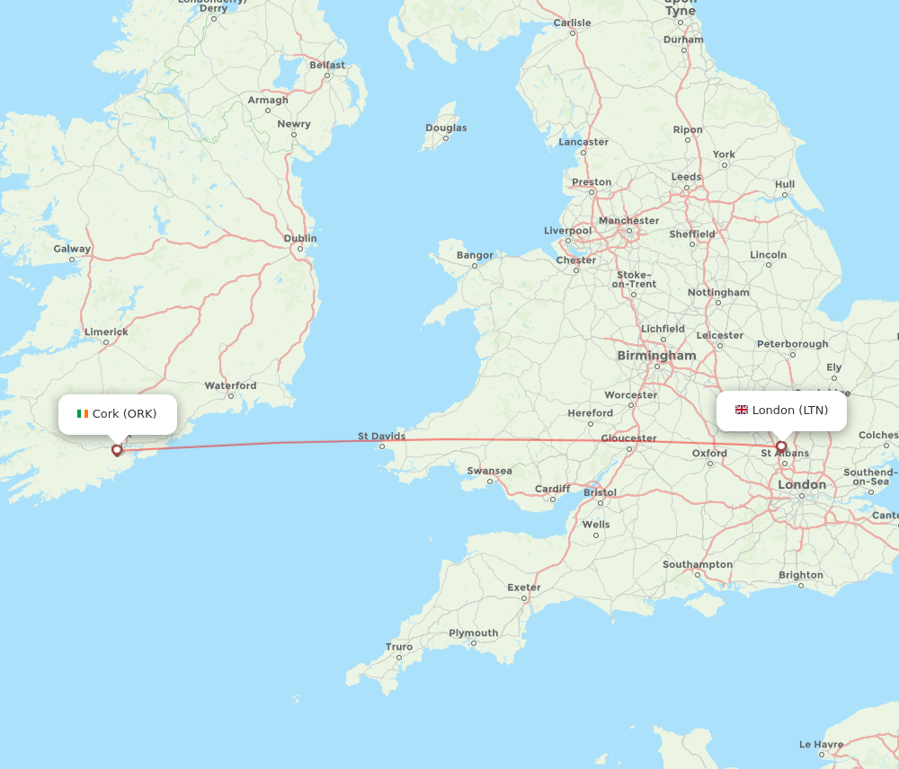 LTN to ORK flights and routes map