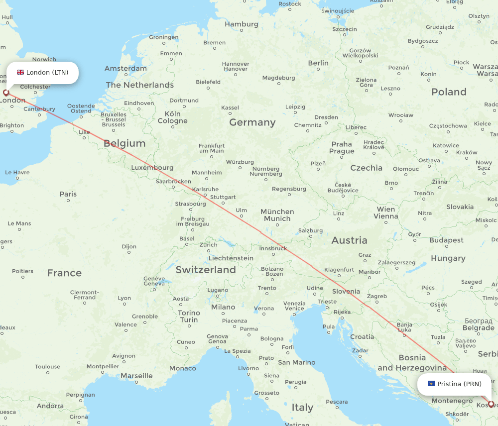 London - Pristina route map and flight paths