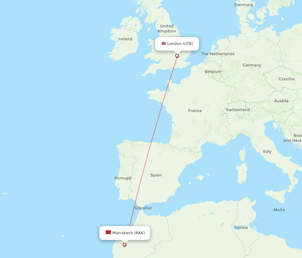 London - Marrakech route map and flight paths