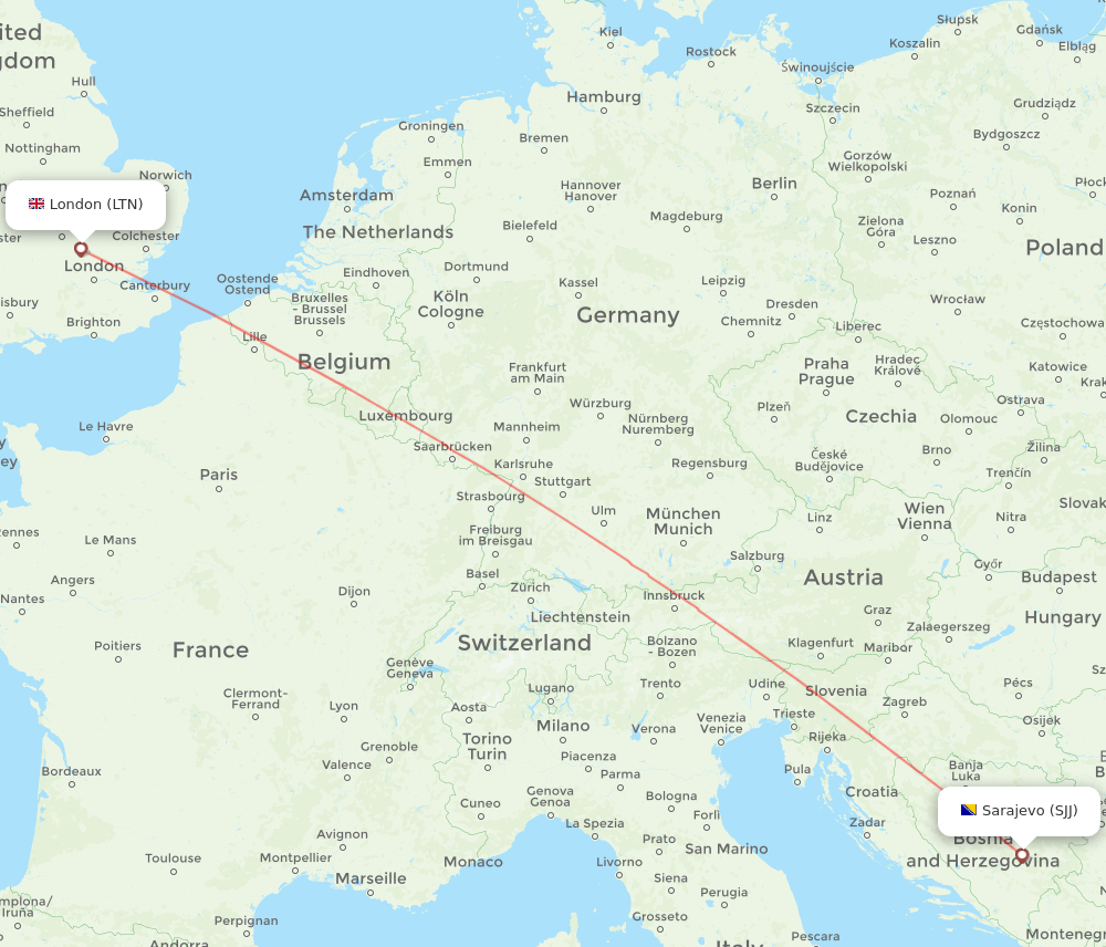 LTN to SJJ flights and routes map
