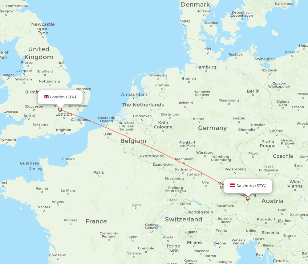 London - Salzburg route map and flight paths