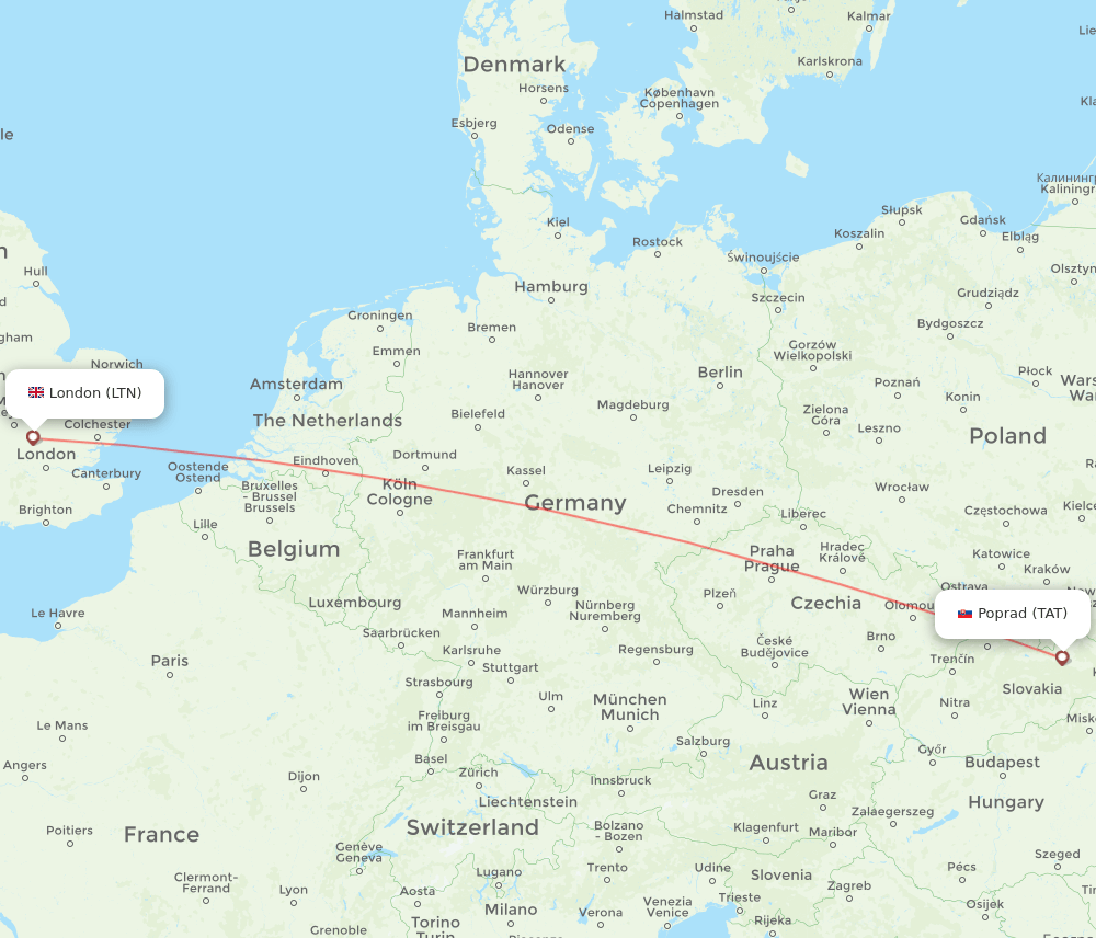 London - Poprad route map and flight paths