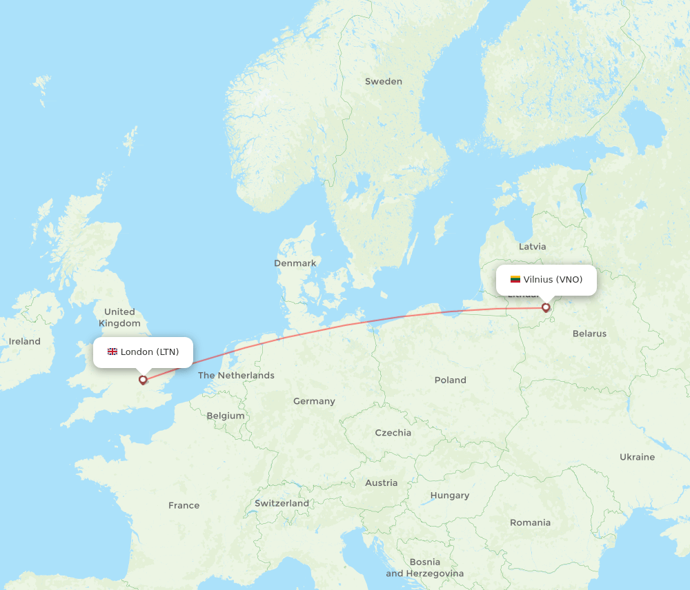 London - Vilnius route map and flight paths
