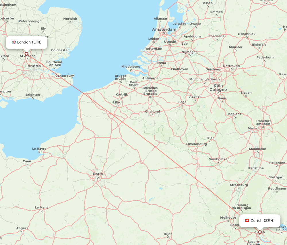 LTN to ZRH flights and routes map
