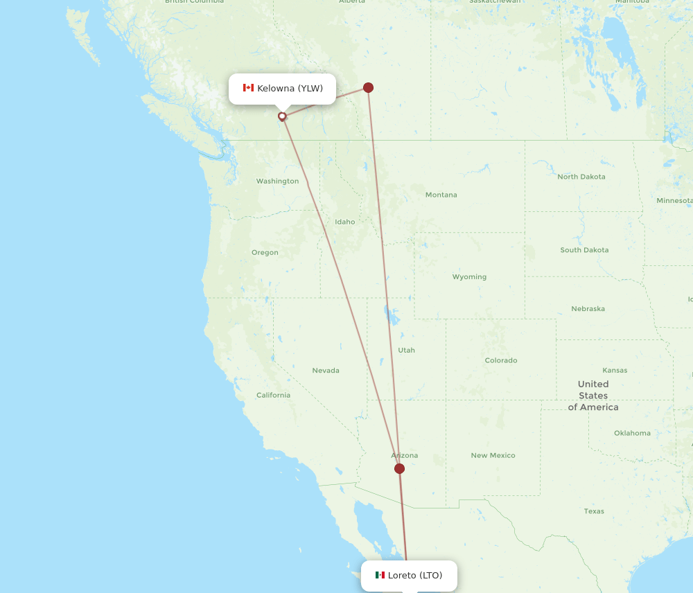 LTO to YLW flights and routes map