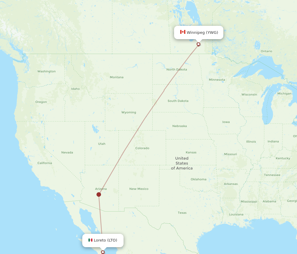 YWG to LTO flights and routes map