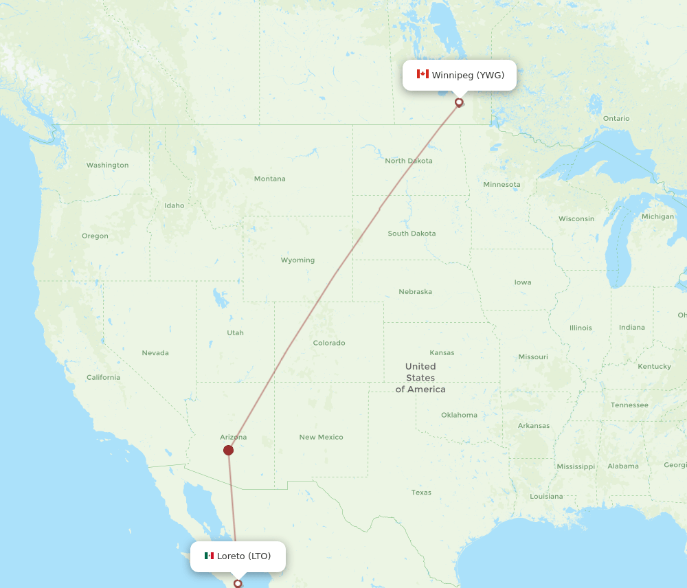 Winnipeg - Loreto route map and flight paths