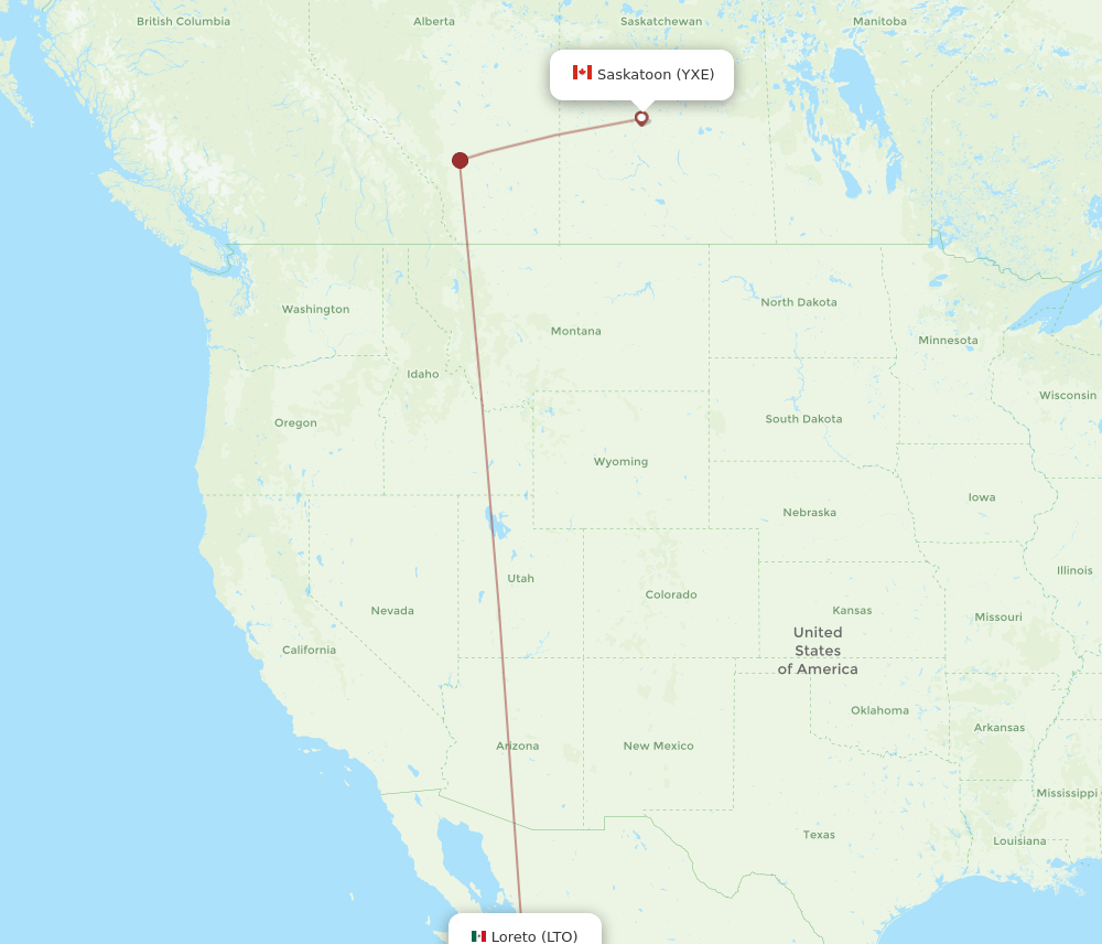 Saskatoon - Loreto route map and flight paths