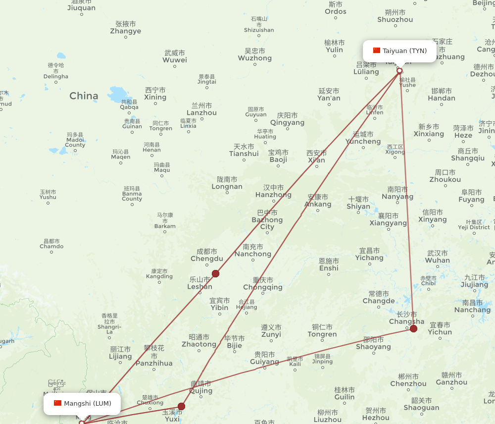 LUM to TYN flights and routes map