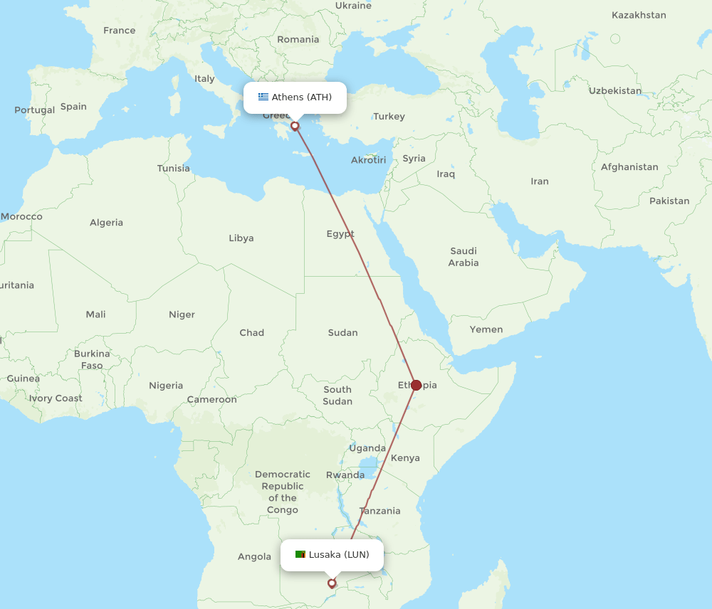 Athens - Lusaka route map and flight paths