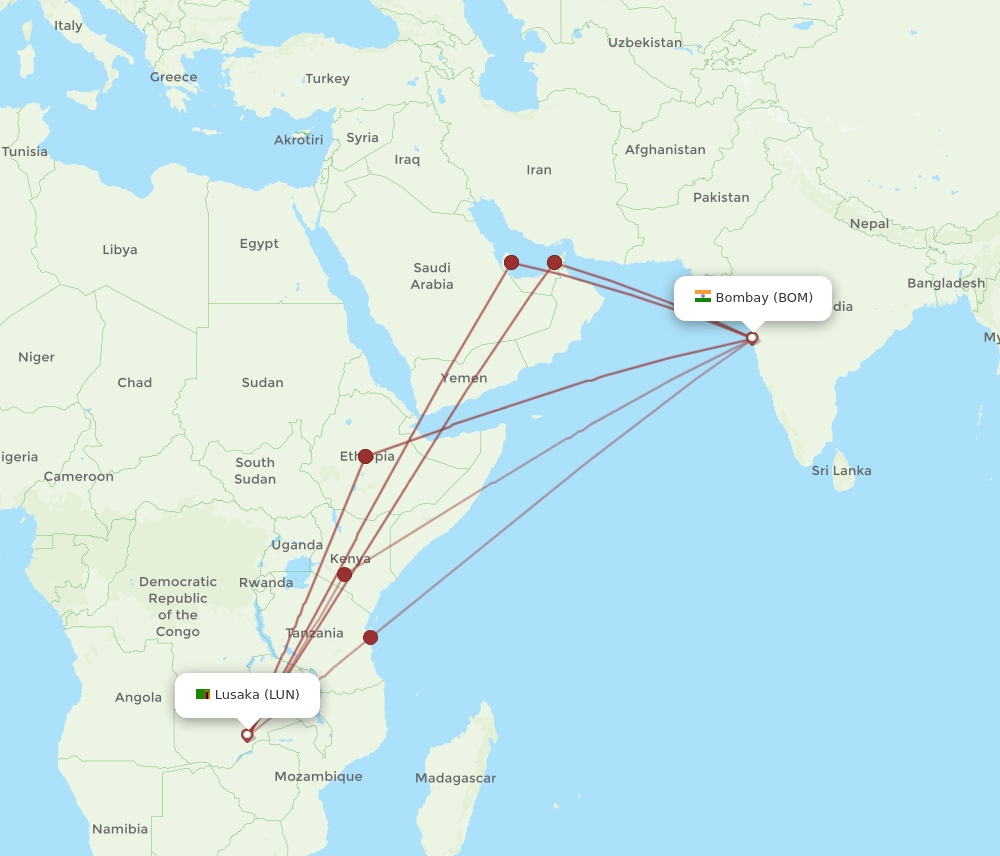LUN-BOM flight routes