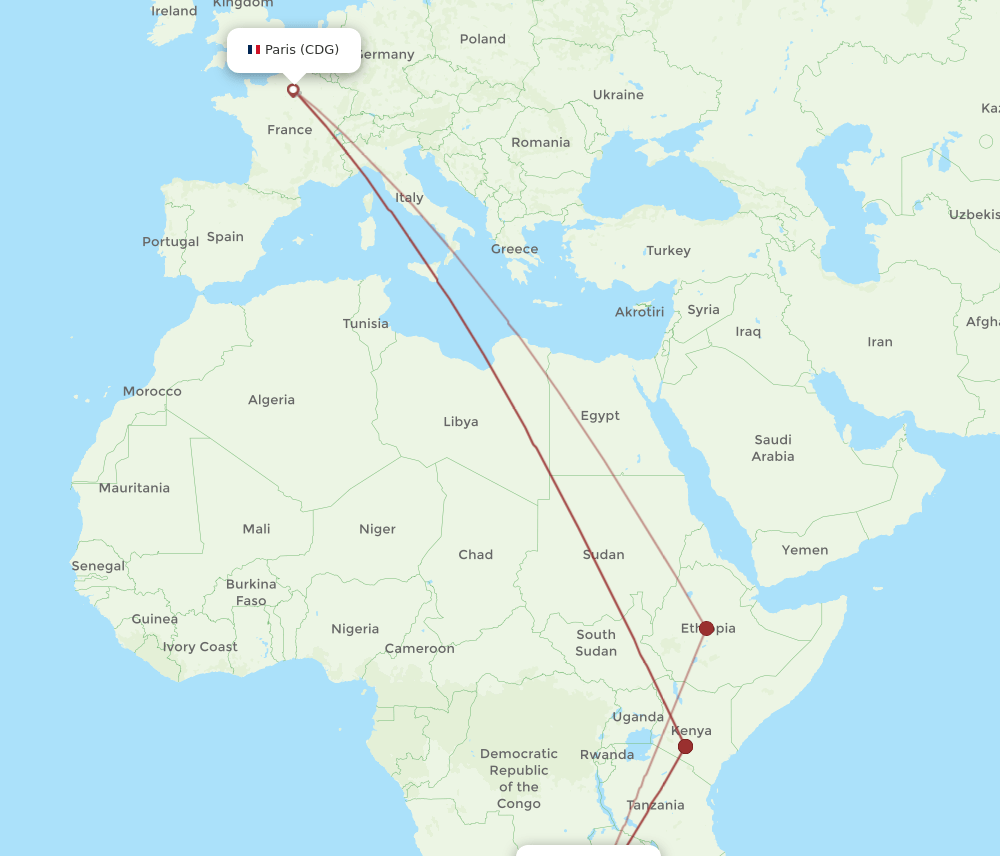 LUN-CDG flight routes