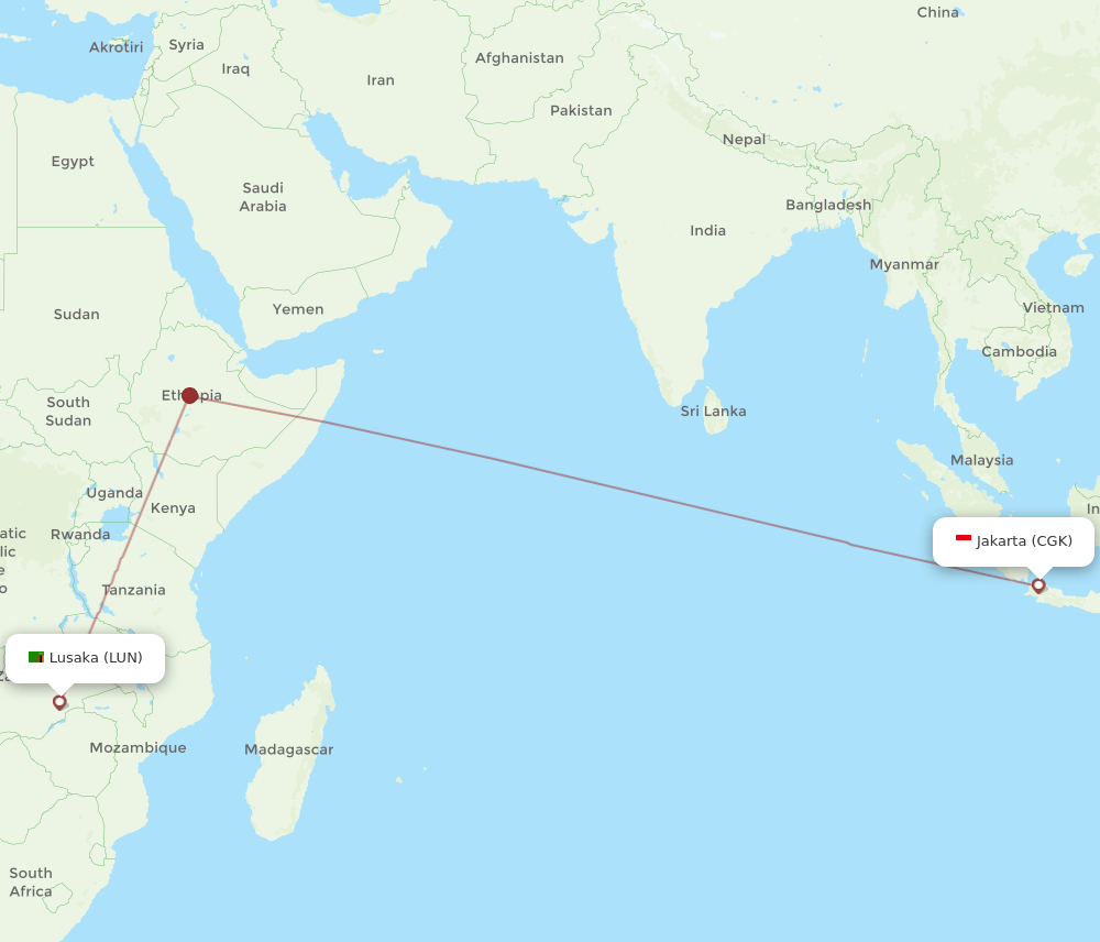 Jakarta - Lusaka route map and flight paths