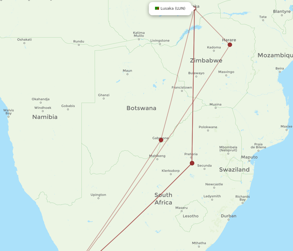 LUN to CPT flights and routes map