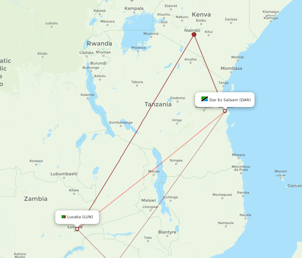 LUN to DAR flights and routes map