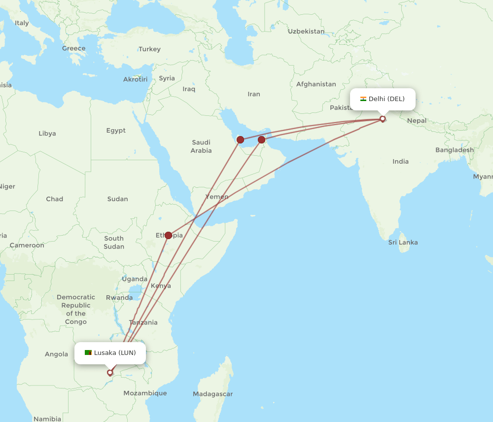 LUN to DEL flights and routes map