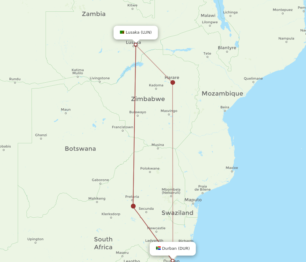 LUN to DUR flights and routes map