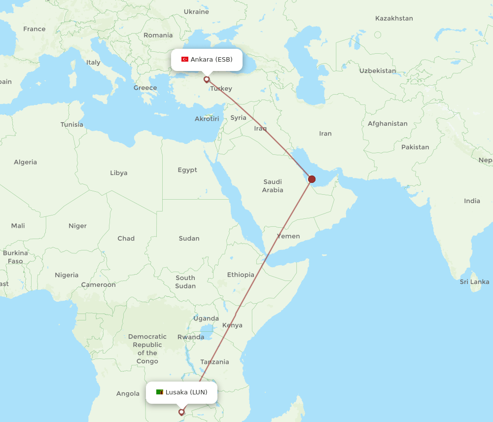 LUN to ESB flights and routes map