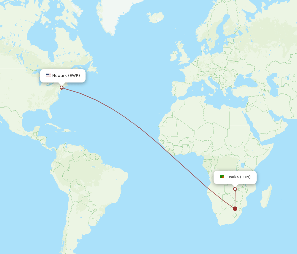 New York - Lusaka route map and flight paths