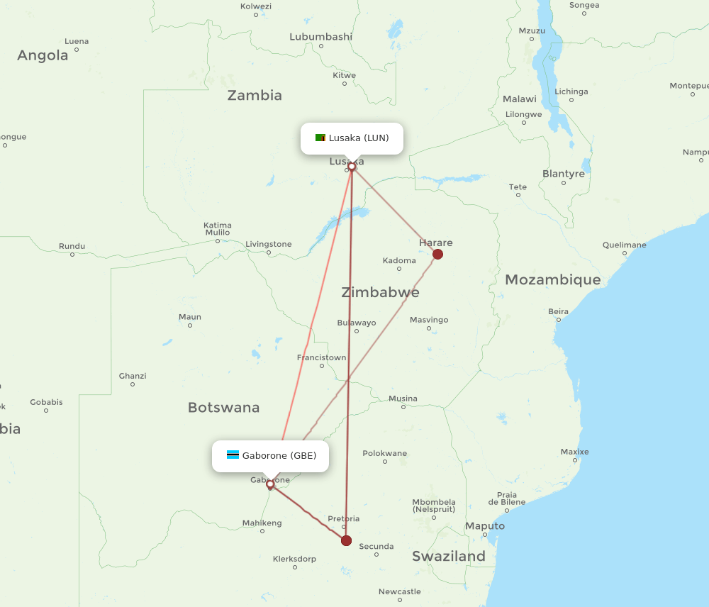 LUN to GBE flights and routes map