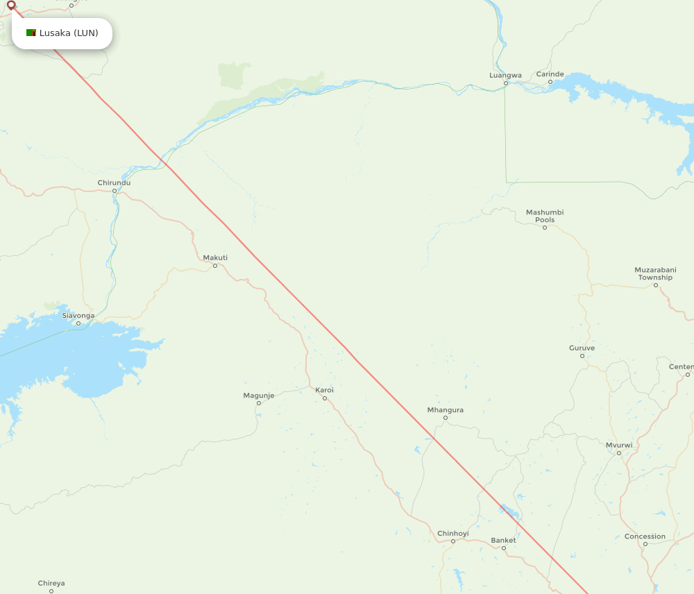 Lusaka - Harare route map and flight paths