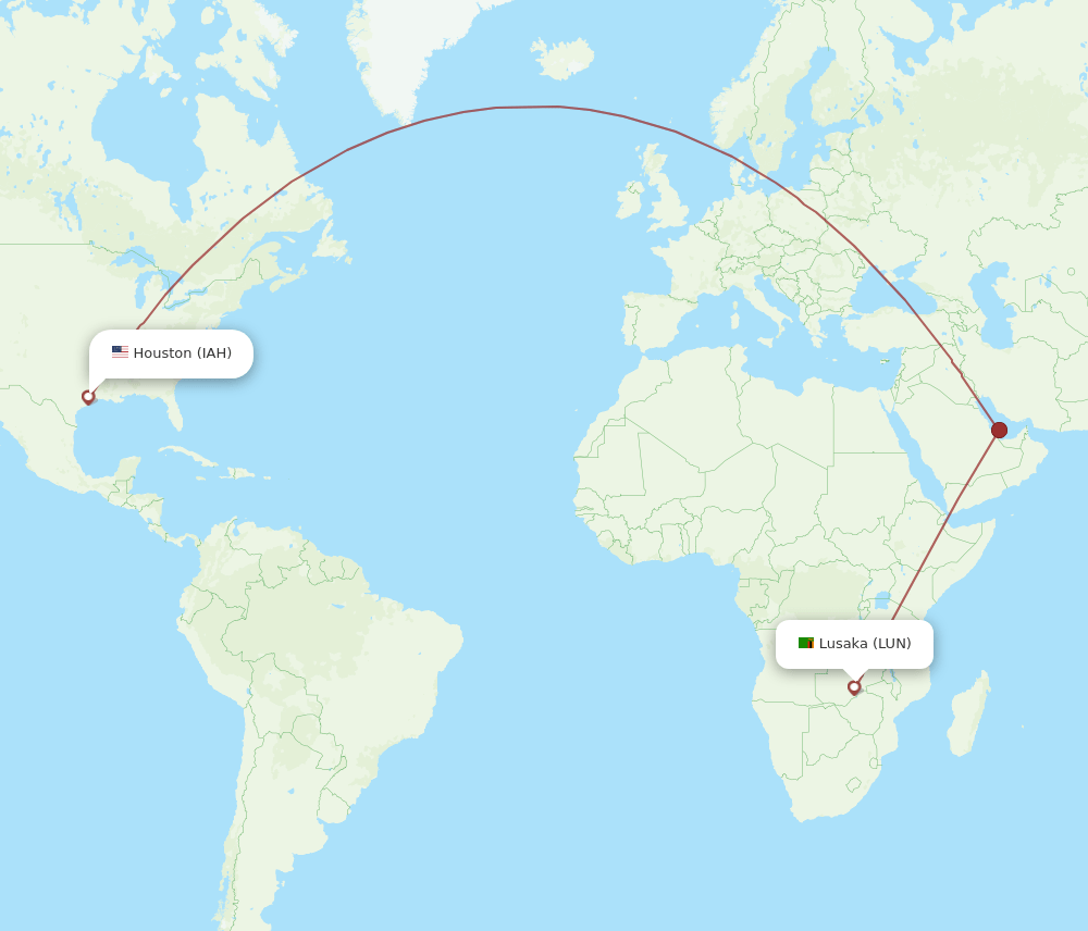 Houston - Lusaka route map and flight paths