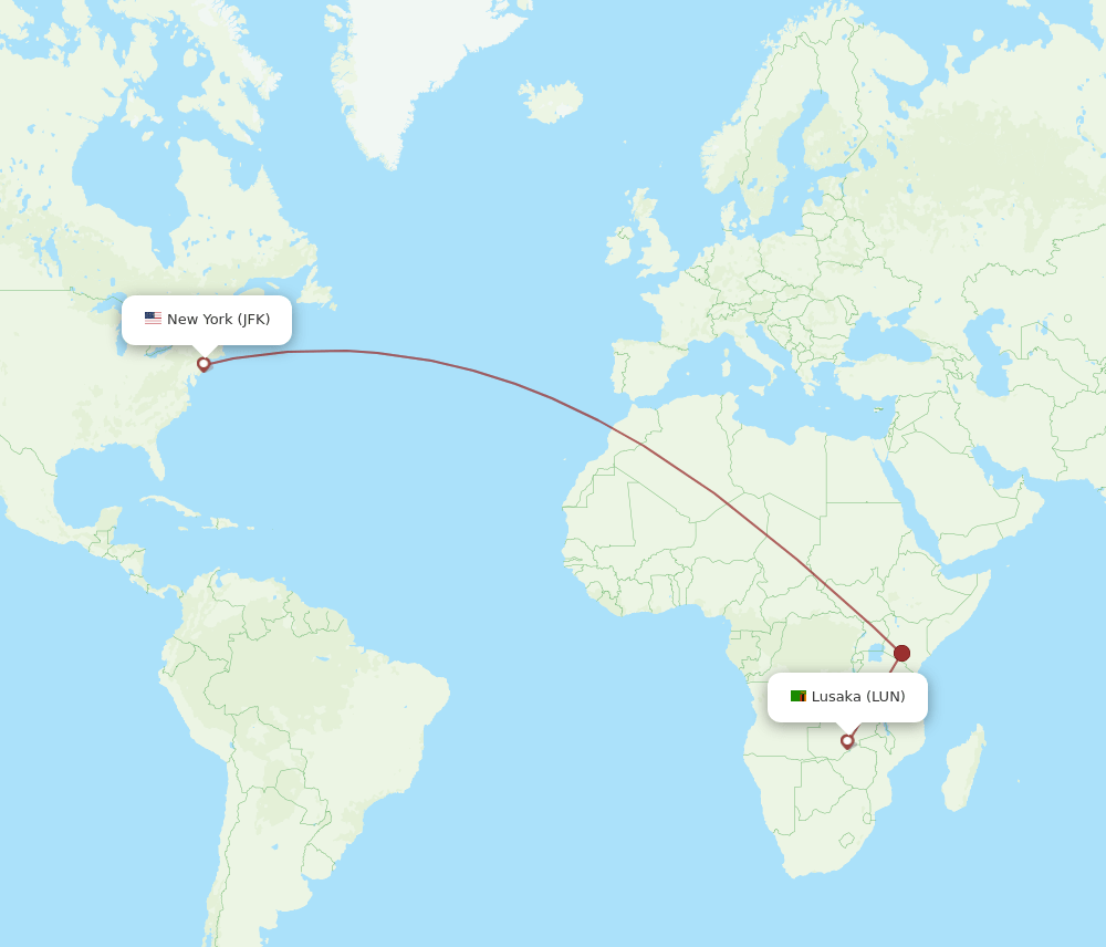 New York - Lusaka route map and flight paths