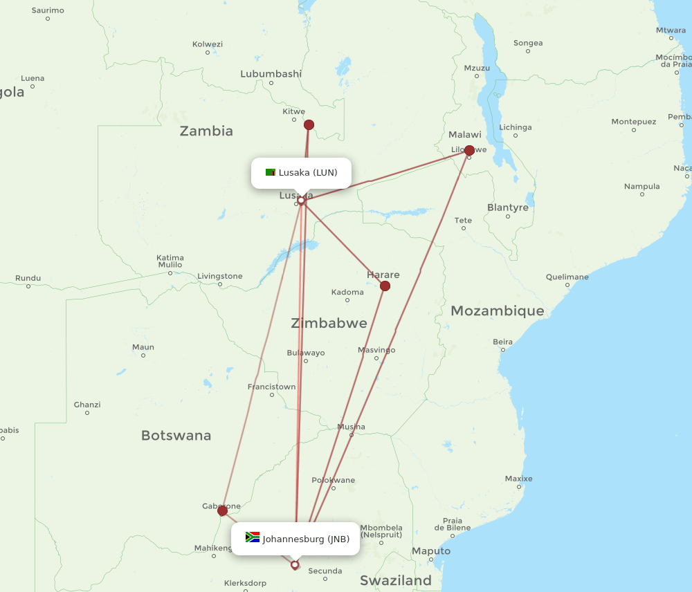 LUN to JNB flights and routes map