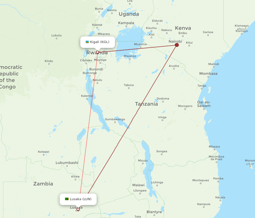 LUN to KGL flights and routes map