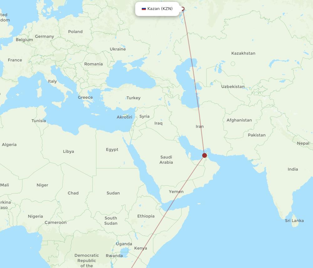 Kazan - Lusaka route map and flight paths