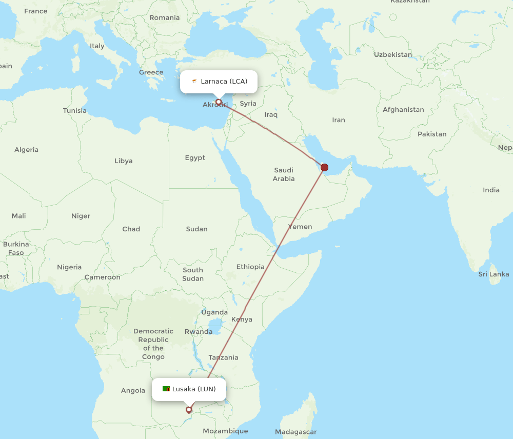 Larnaca - Lusaka route map and flight paths