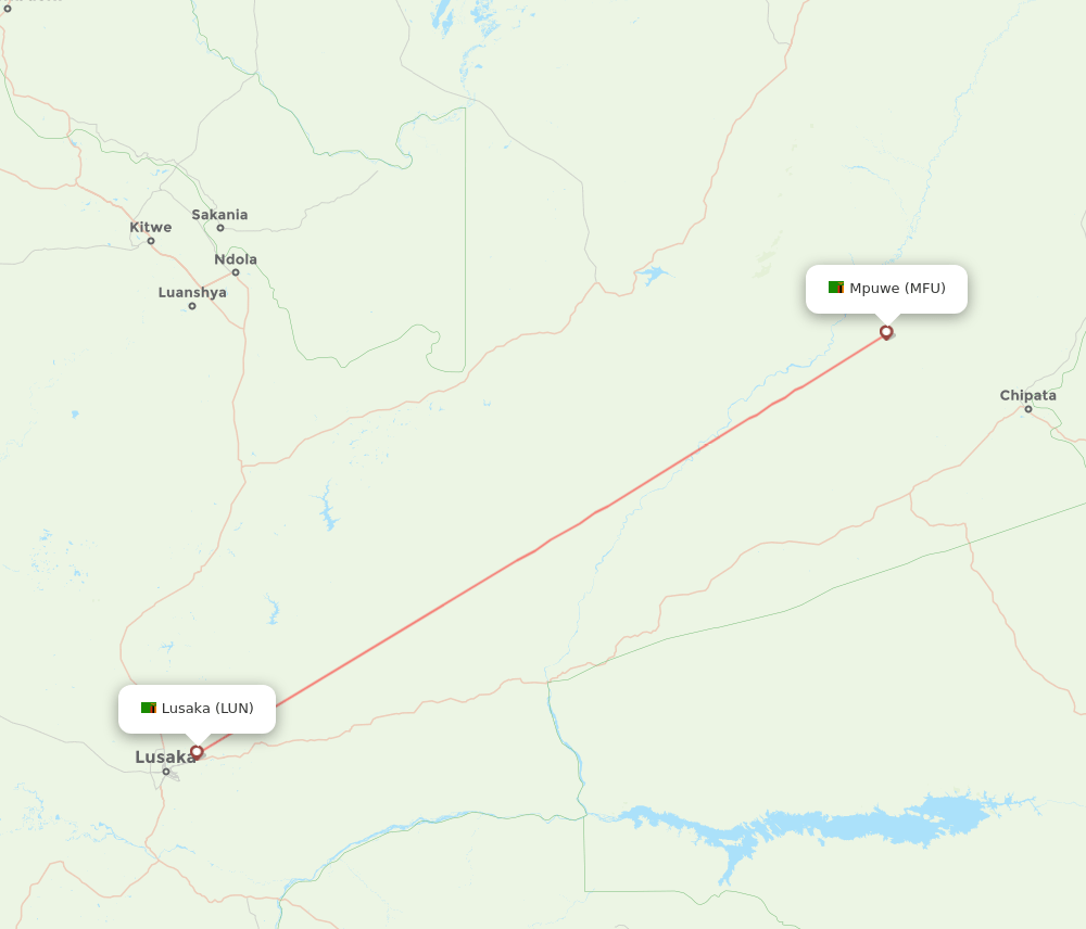 Lusaka - Mfuwe route map and flight paths