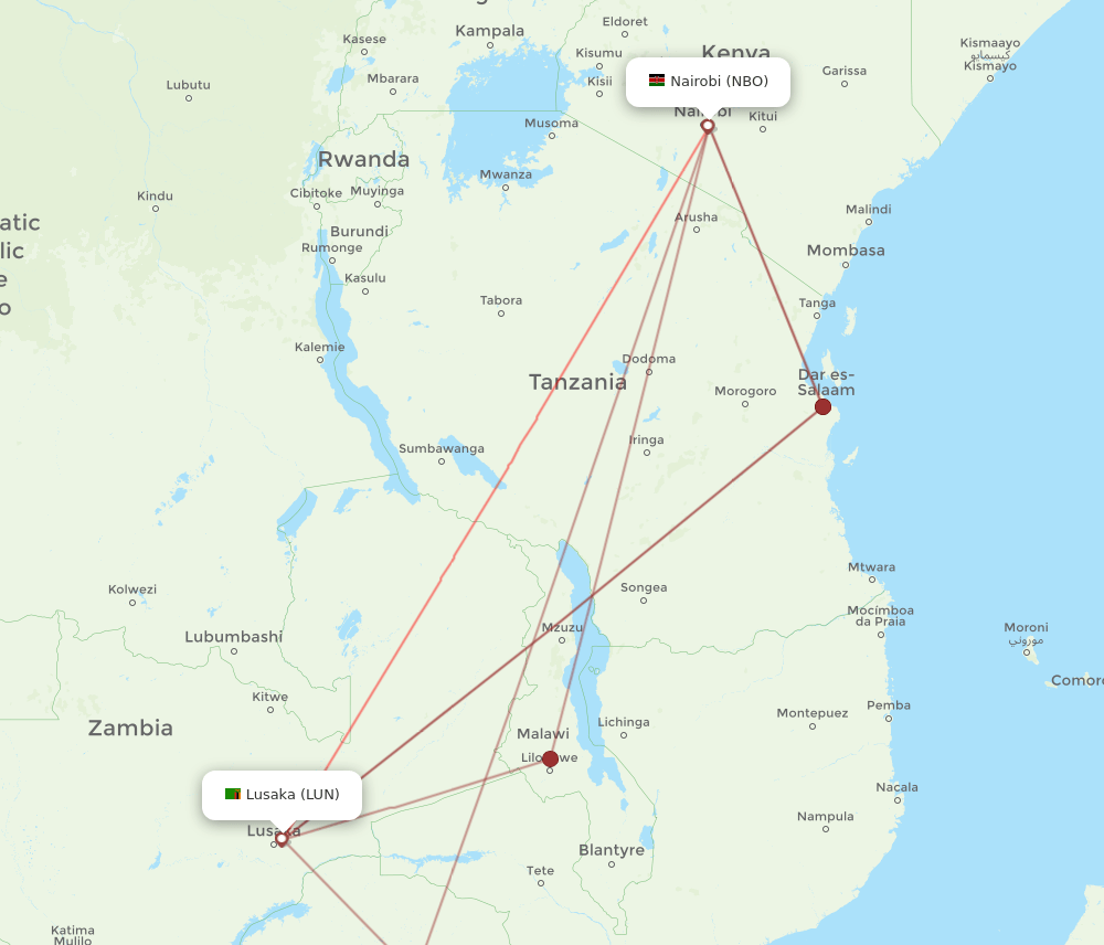 LUN-NBO flight routes